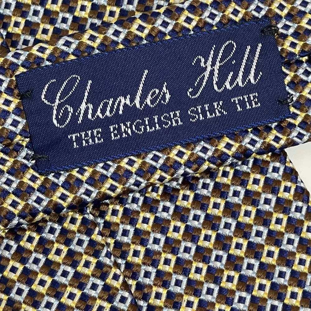 Charles Hill English Silk Neck Tie‎ England Check Brown Blue Gold